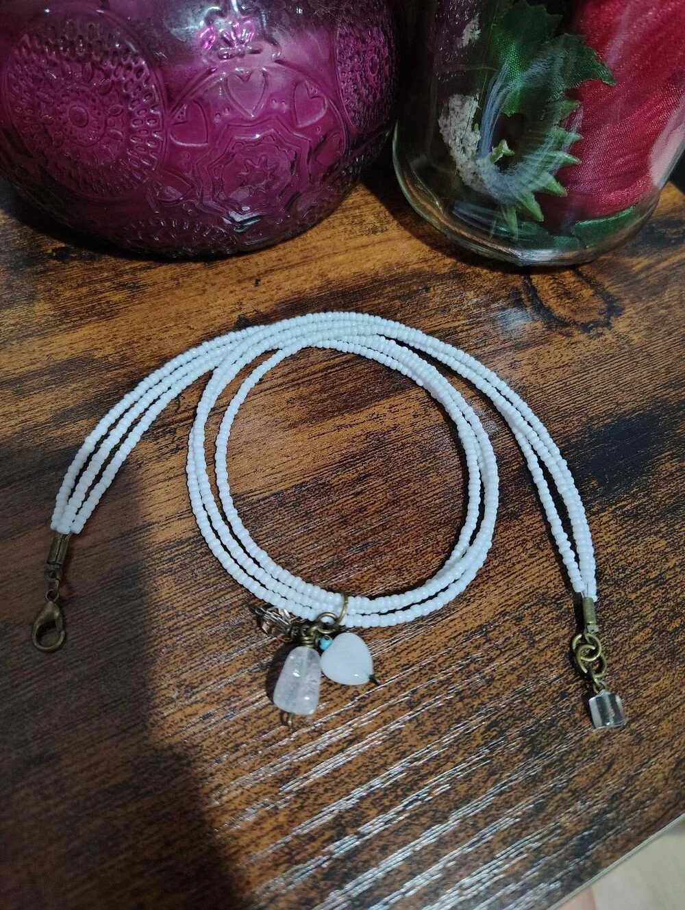 White Beaded Triple Strand Necklace With Charm Pendant,  Handmade Necklace